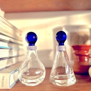Vintage Perfume Bottle Set of Two Hand Blown Glass Cobalt Blue Stopper.